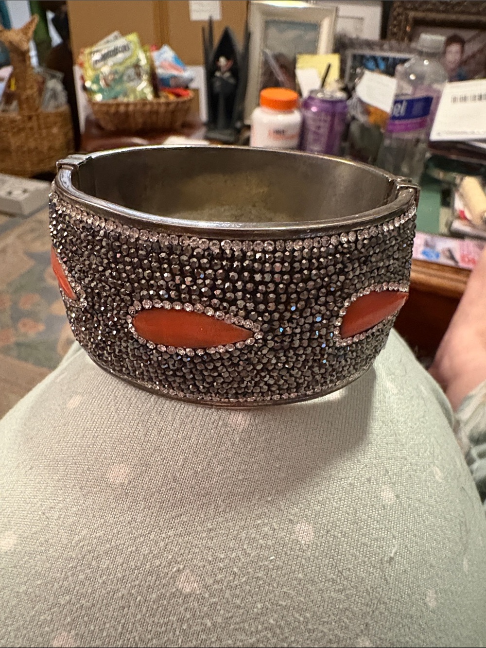 Dramatic Marcasite and Coral Hinged Cuff Statement Piece